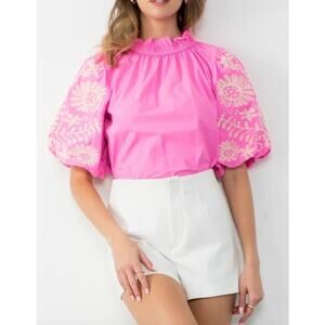 THML Pink Embroidered Puff Sleeve Top Mock Neck Floral Pink Blouse Size M
